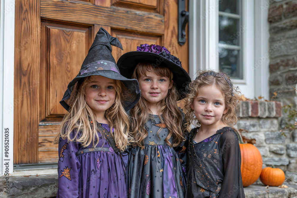 Three little girls are dressed in Halloween costumes and standing in front of a wooden door. Three little girls are dressed in Halloween costumes and standing in front of a wooden door.