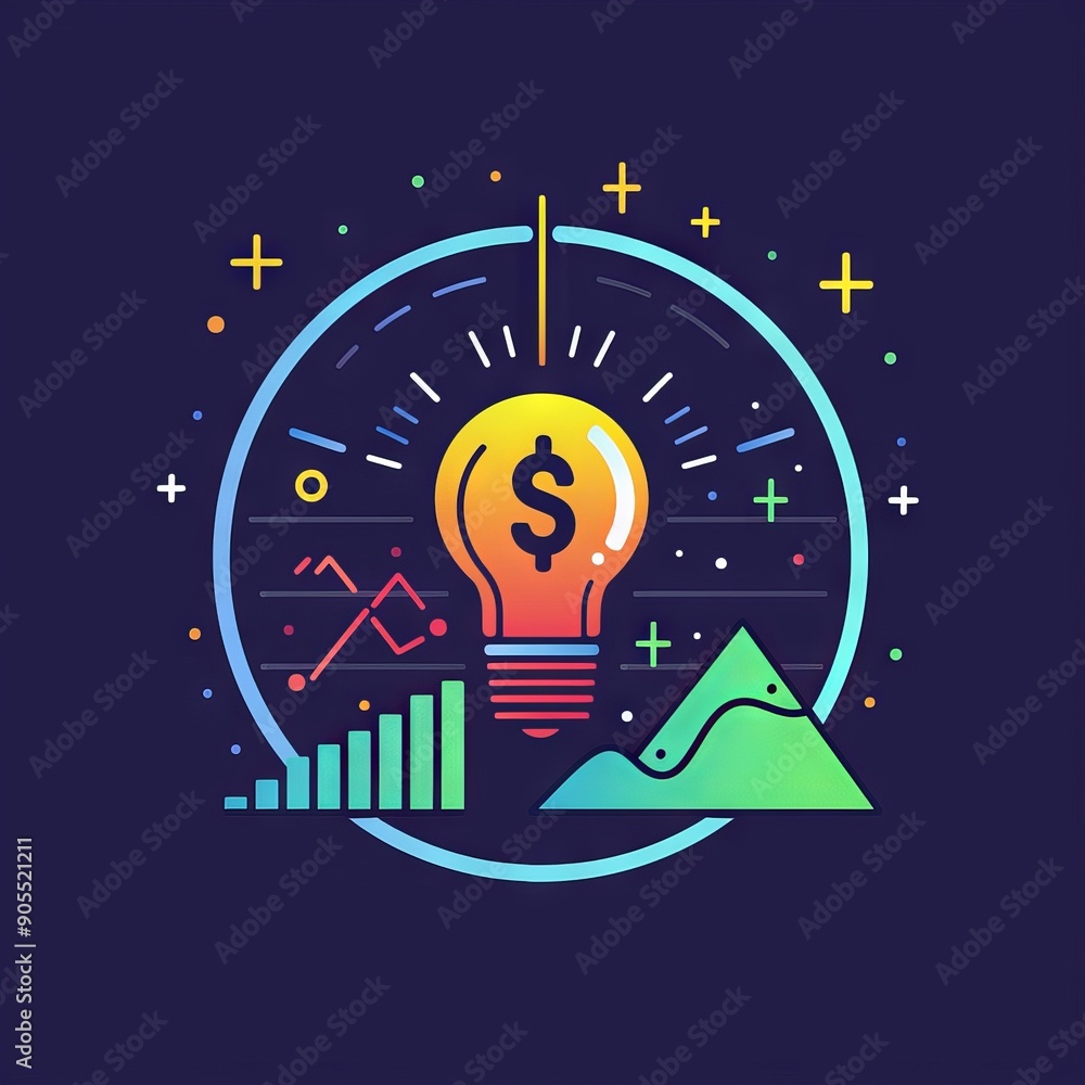 A colorful illustration of a lightbulb with a dollar sign inside, surrounded by graphs and mountains, symbolizing financial success and innovation. A colorful illustration of a lightbulb with a dollar sign inside, surrounded by graphs and mountains, symbolizing financial success and innovation.