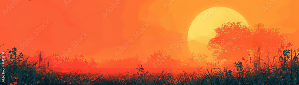 A stunning sunset over a serene landscape with vibrant orange and red hues illuminating the horizon and silhouettes of trees. A stunning sunset over a serene landscape with vibrant orange and red hues illuminating the horizon and silhouettes of trees.