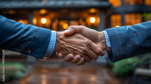 Two Business Professionals Engaging in a Firm Handshake Outside a Charming Venue in the Evening