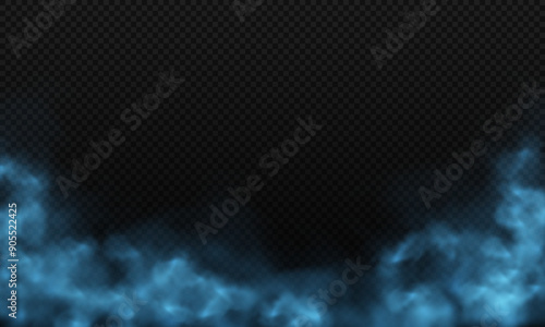 Realistic blue fog or smoke texture isolated on transparent dark background. Neon magic fog on black background.