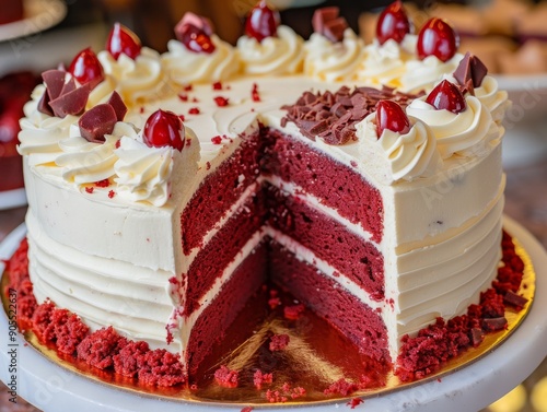 A delicious red velvet cake with white frosting, topped with chocolate pieces and cherries.  A slice is cut out, revealing the red layers. photo