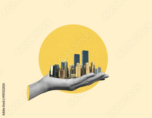 Hand holding modern city creative concept. Digital collage modern art.