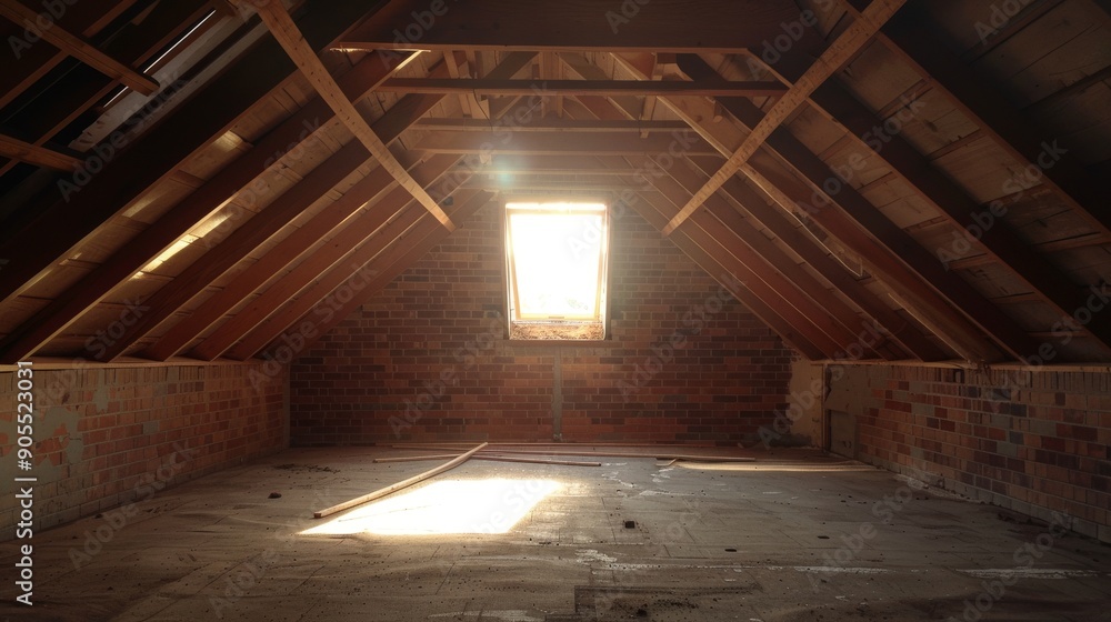 A dusty attic with exposed wooden beams and a single window letting in sunlight. The space is empty and awaiting renovation. A dusty attic with exposed wooden beams and a single window letting in sunlight. The space is empty and awaiting renovation.