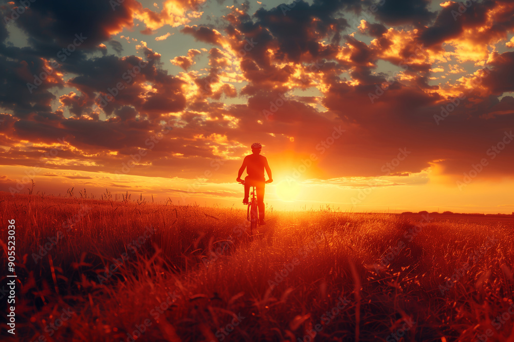 Fototapeta premium Cyclist Embraces the Golden Horizon While Riding Through a Serene Sunset Landscape