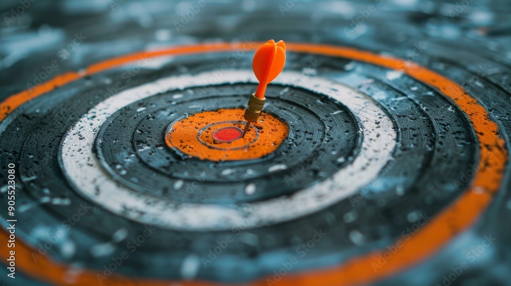 A close-up of a dart perfectly hitting the bullseye of a weathered target, symbolizing precision, focus, and achieving goals despite challenges. A close-up of a dart perfectly hitting the bullseye of a weathered target, symbolizing precision, focus, and achieving goals despite challenges.
