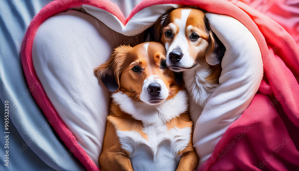 couple of dogs in love sleeping together under the blanket in bed Stock ...