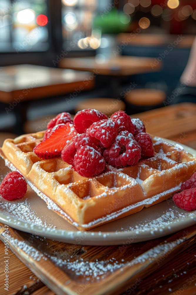 Delicious Waffle Topped With Fresh Raspberries and Strawberries Served in Cozy Cafe Setting Delicious Waffle Topped With Fresh Raspberries and Strawberries Served in Cozy Cafe Setting