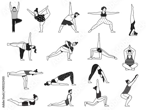 People Doing Common Yoga Poses Line Art Set