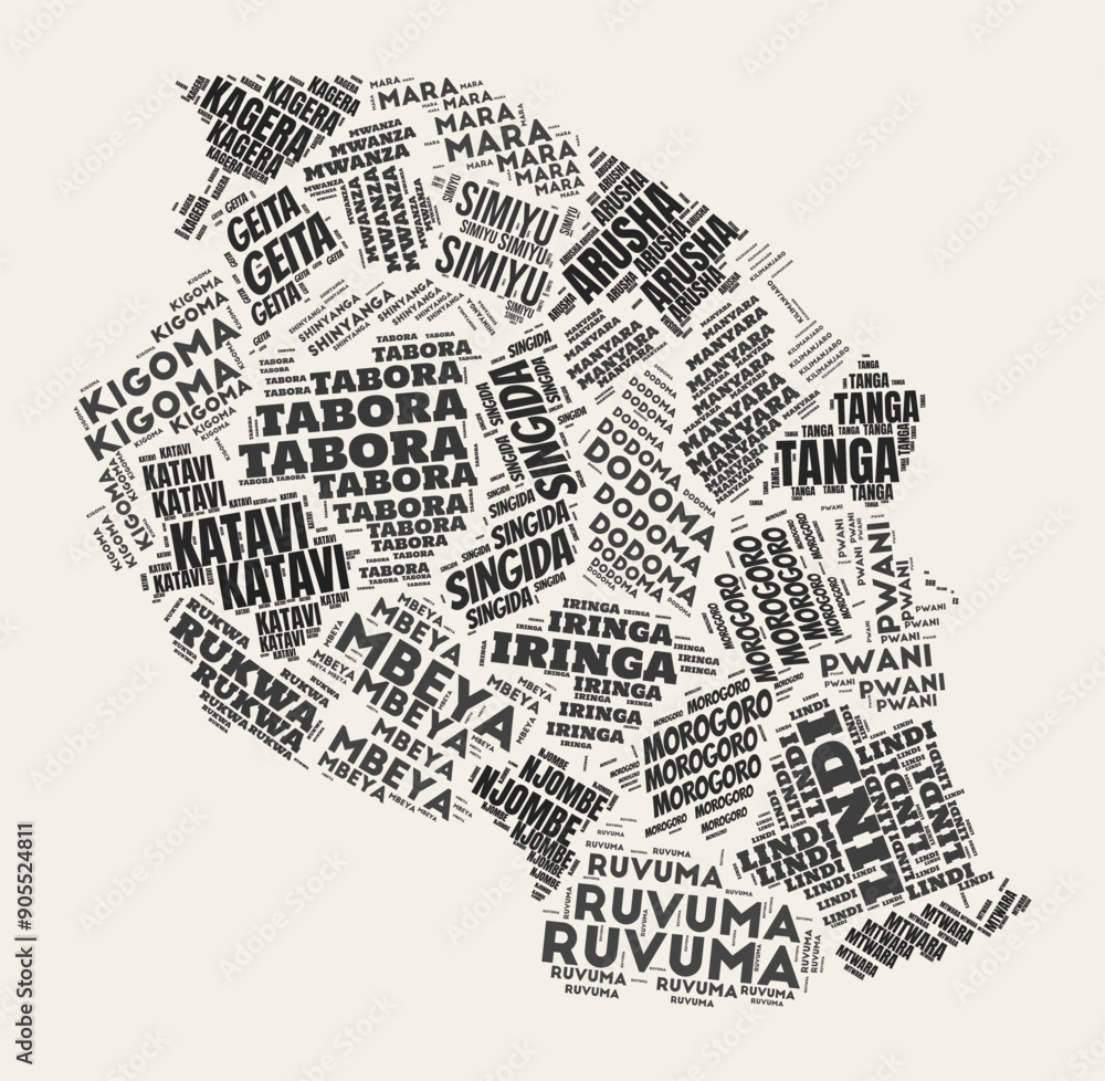 Tanzania Word Cloud. Country with regions division. Tanzania typographic text clouds vector image design. Vintage gazette style country shape image. Vibrant vector illustration. Tanzania Word Cloud. Country with regions division. Tanzania typographic text clouds vector image design. Vintage gazette style country shape image. Vibrant vector illustration.
