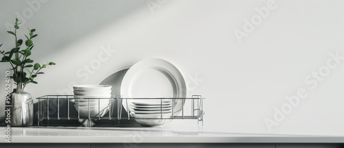 A white dish rack with plates on it sits on a counter