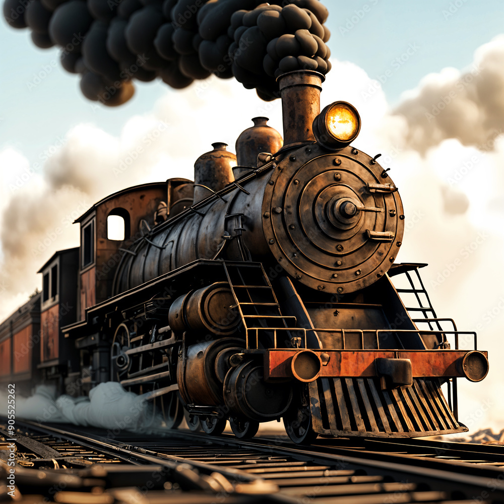 Naklejka premium Large, old-fashioned steam locomotive traveling down train tracks with smoke billowing from its stack.