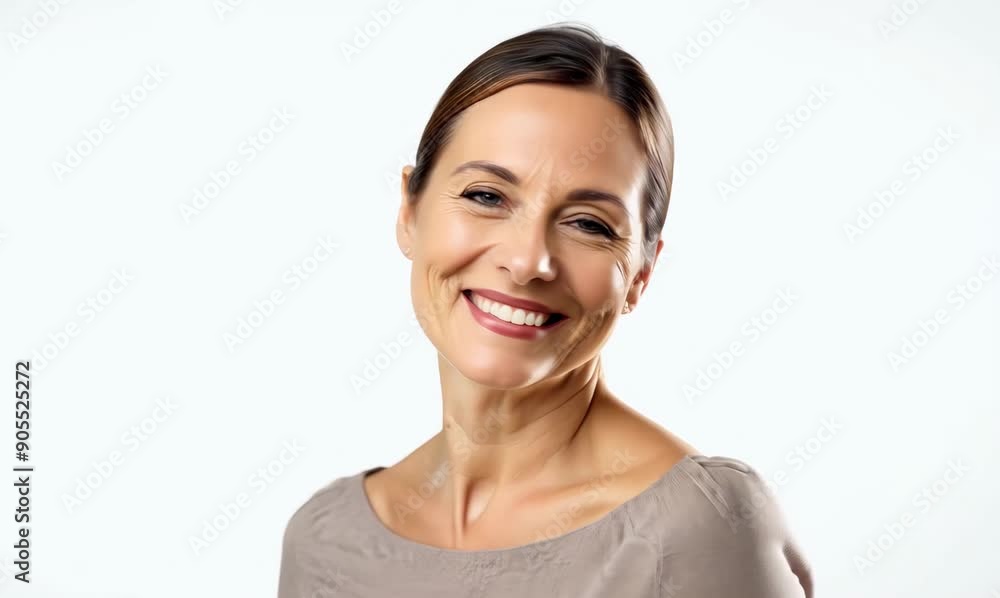 Medium shot portrait video of a pleased woman in her 40s that is placed against a white background Medium shot portrait video of a pleased woman in her 40s that is placed against a white background