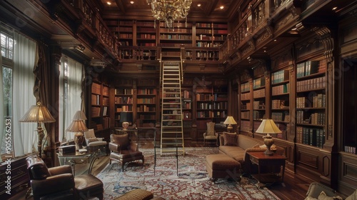 Wallpaper Mural A grand library with towering bookshelves, a ladder, plush chairs, and an ornate rug, perfect for a cozy reading nook. Torontodigital.ca