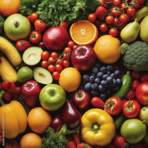 Assortment of colorful fruits and vegetables arranged in a vibrant display. (140 characters) photo