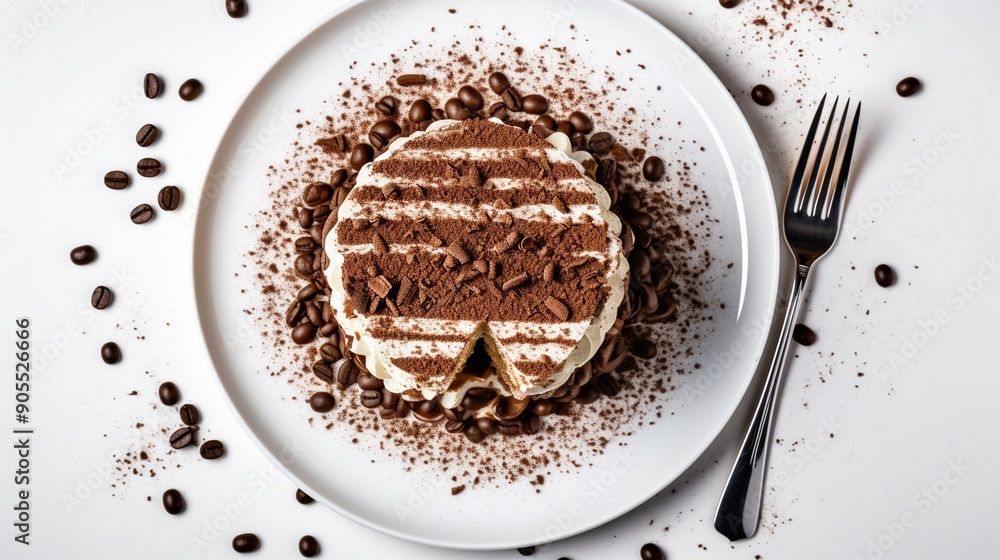 Delicious Tiramisu Dessert with Coffee Beans - Top View on White Background Delicious Tiramisu Dessert with Coffee Beans - Top View on White Background