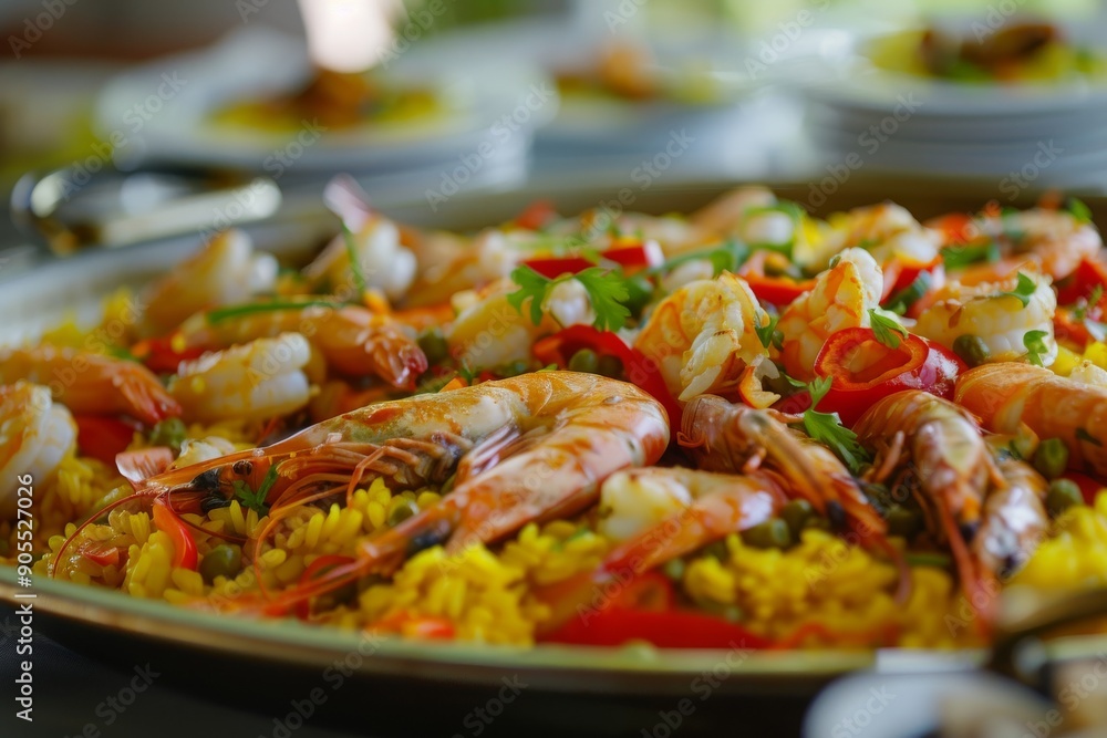 A large platter of shrimp and rice with peppers and herbs A large platter of shrimp and rice with peppers and herbs