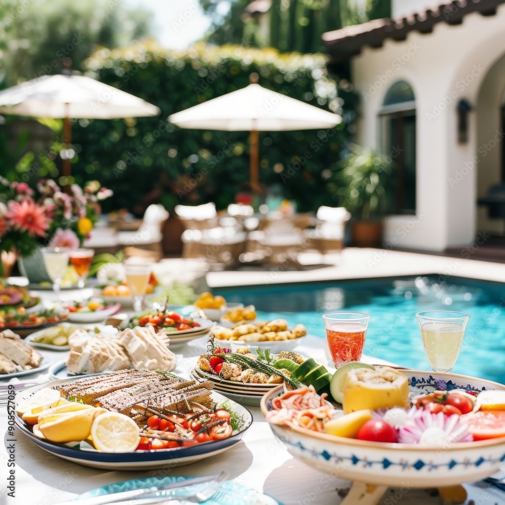 A lavish outdoor feast by the pool with fresh seafood, fruit, and drinks. A lavish outdoor feast by the pool with fresh seafood, fruit, and drinks.