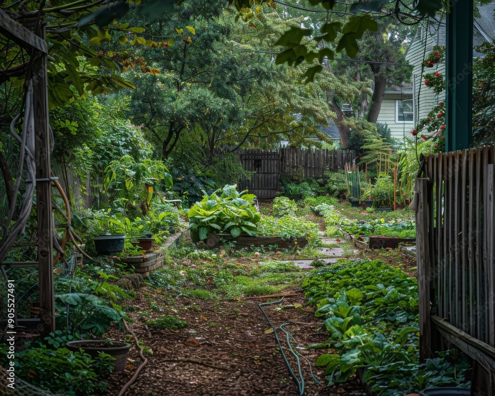 A lush, overgrown garden with a path leading through it. The garden is filled with various plants and flowers. A lush, overgrown garden with a path leading through it. The garden is filled with various plants and flowers.