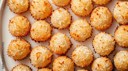 A plate of coconut balls with a white background