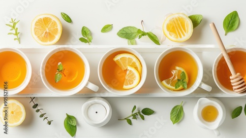 A row of white cups with lemon slices and mint leaves in them