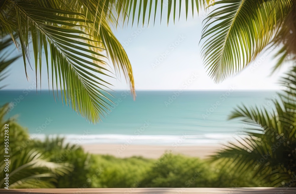 Fototapeta premium Palm and tropical beach. background with sea and palm leaves