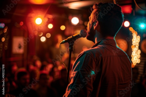 A male singer performs on stage at a dimly lit concert venue.  He holds a microphone and sings into it, facing the audience.  The crowd is blurred in the background.