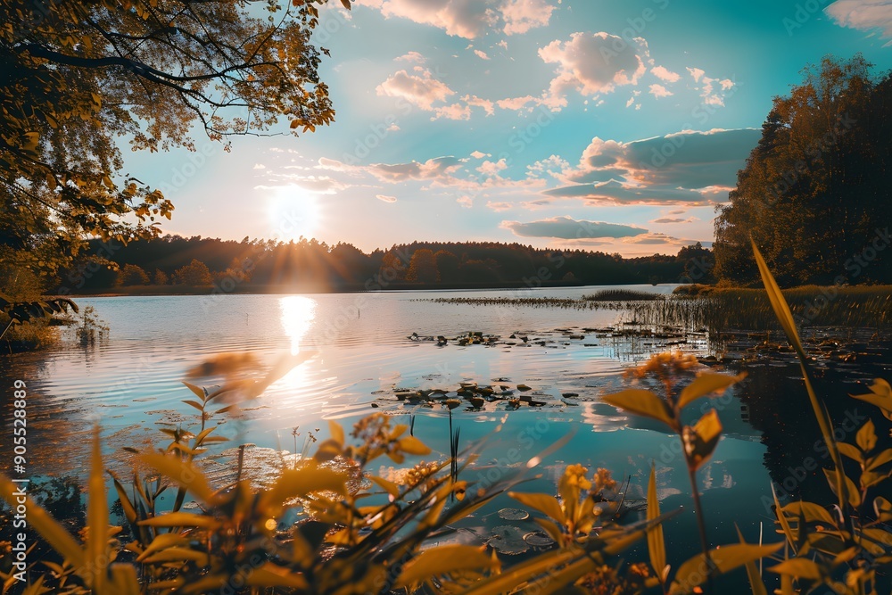 Scenic lakeside view at sunset with vibrant colors and lush foliage. Scenic lakeside view at sunset with vibrant colors and lush foliage.