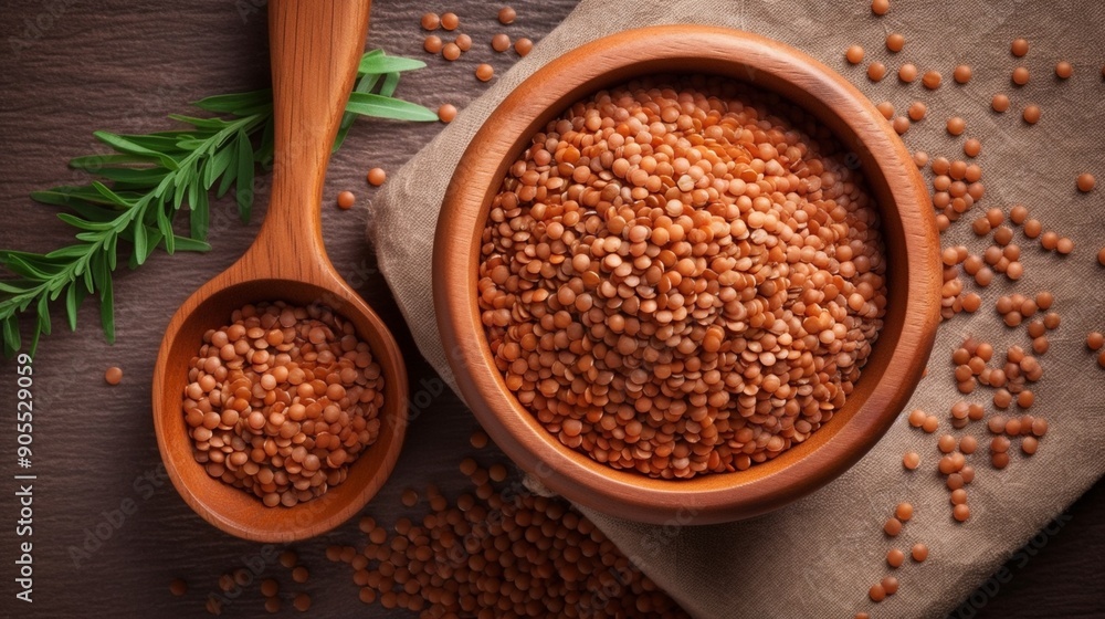 Healthy Organic Red Lentils in Wooden Bowls - Nutrition, Superfood, Vegan Diet Healthy Organic Red Lentils in Wooden Bowls - Nutrition, Superfood, Vegan Diet
