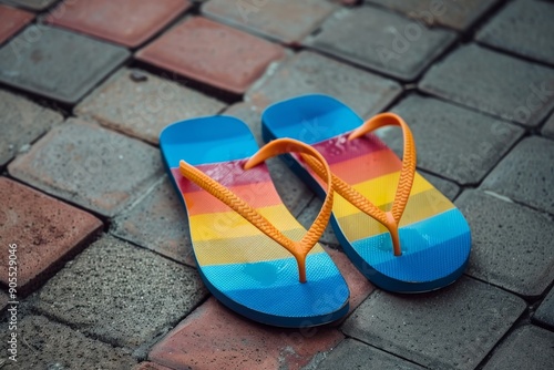 A pair of rainbow flip-flops on a brick pathway. photo