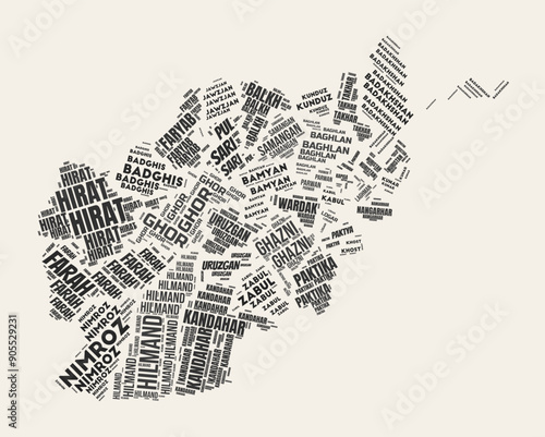 Afghanistan Word Cloud. Country with regions division. Afghanistan typographic text clouds vector image design. Vintage gazette style country shape image. Artistic vector illustration.