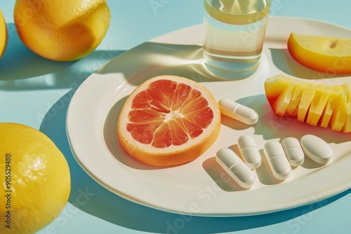 A plate of fresh citrus fruit with white capsules, showcasing a healthy lifestyle concept. photo