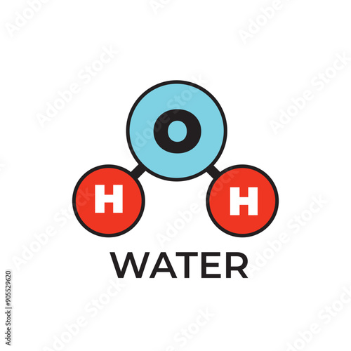 H2O. Water molecule model, chemical formula, ball-and-stick model, geometric structure and structural formula. Polar inorganic compound, tasteless and odorless liquid. Illustration over white. Vector.