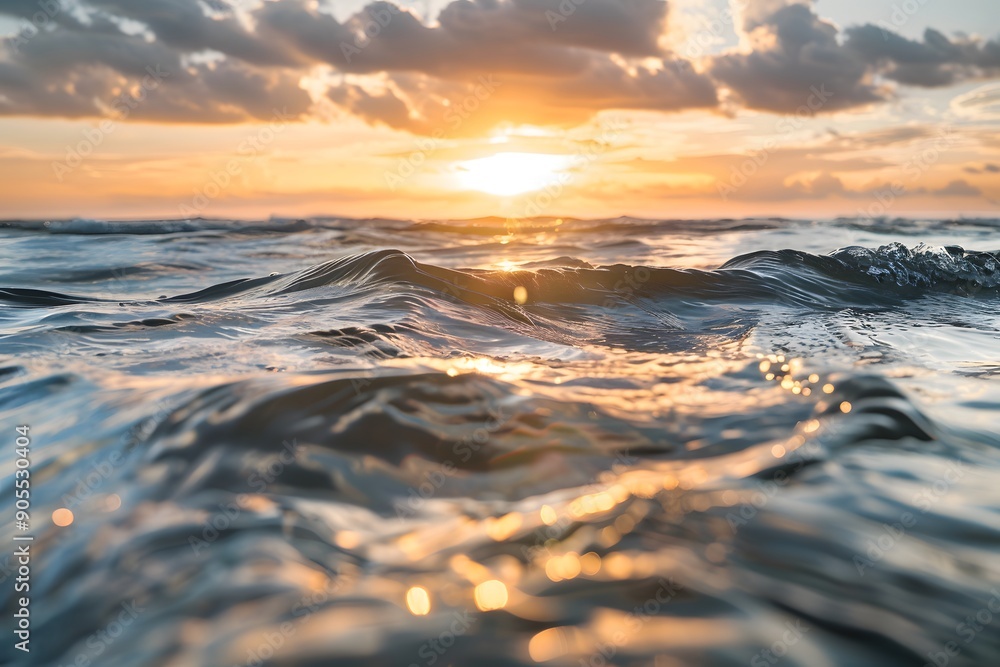 Obraz premium Serene sunset over gentle ocean waves, capturing nature's tranquil beauty.