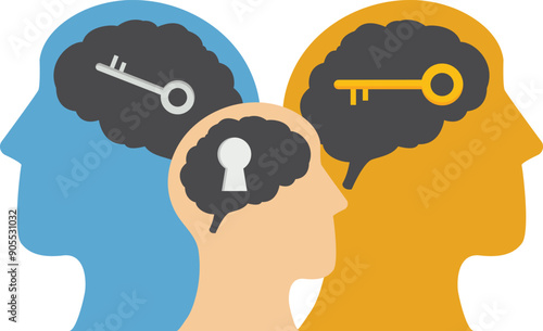 Key to your mind and understanding other people and to mental health. Human head with keyhole. Flat vector illustration.

