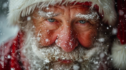 Santa Claus Outdoors With Snowflakes on His Beard During Winter Wonderland