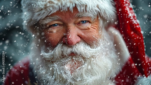 Joyful Santa Claus Smiling Amidst Falling Snowflakes During Christmas Celebration photo