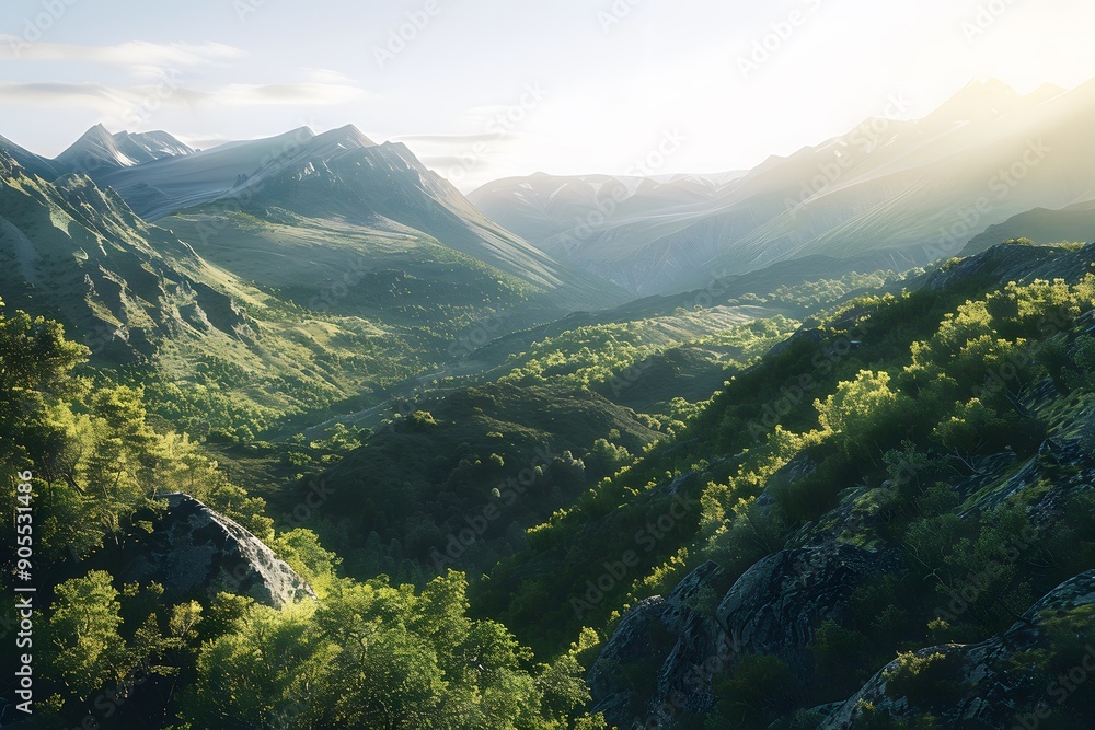 Obraz premium Breathtaking mountain landscape bathed in morning light with lush greenery.