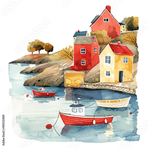 harbour lanscape vector illustration in watercolor style