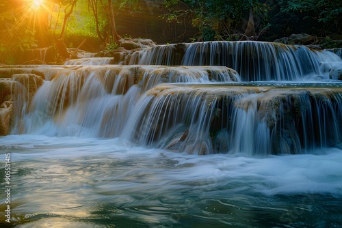 Breathtaking waterfall cascading through lush greenery at sunset.