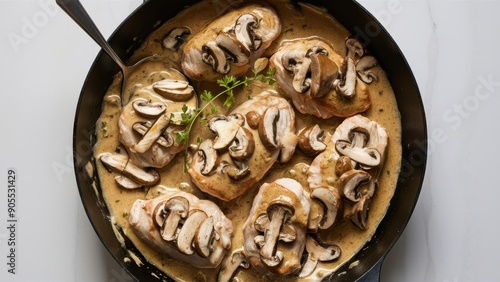 A pan filled with chicken and mushrooms in a sauce, AI