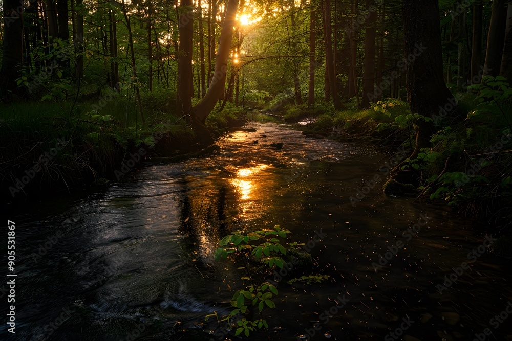 Fototapeta premium Serene forest stream at sunset with golden light filtering through the trees.