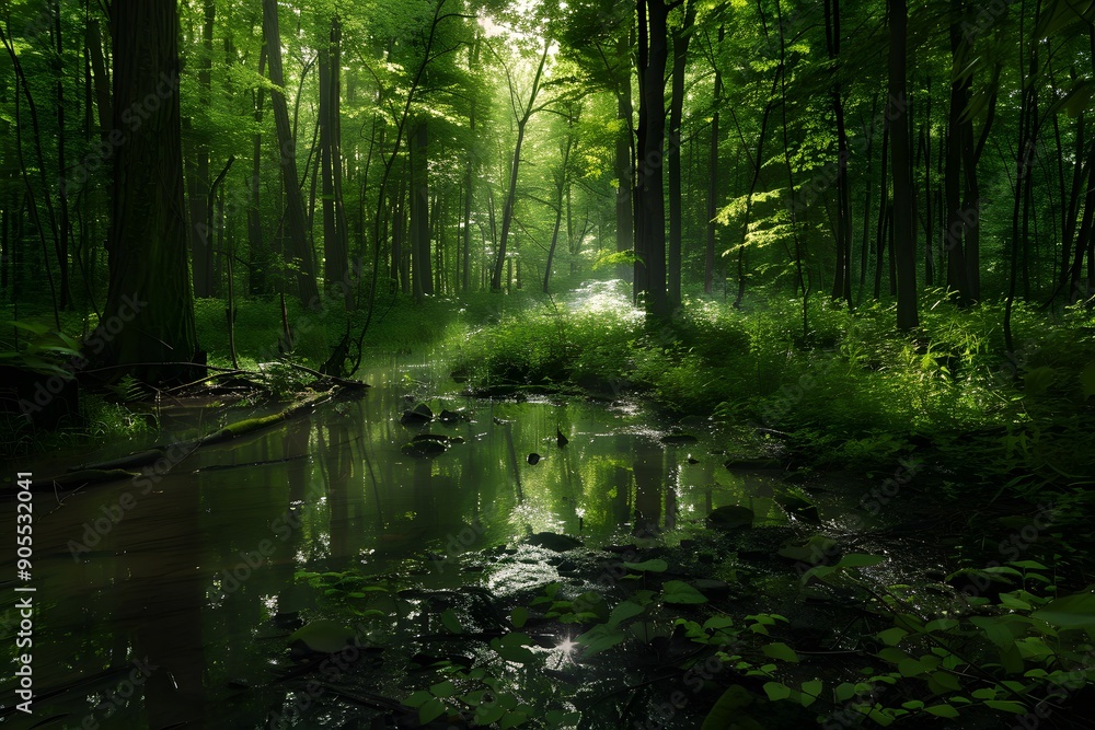 Obraz premium Tranquil forest scene with sunlight filtering through lush green trees.