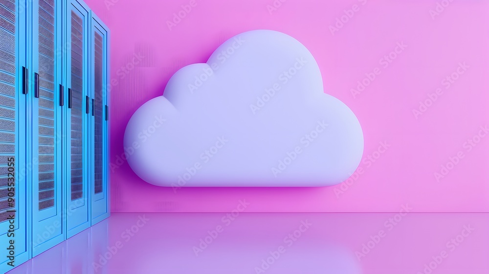3D cloud with servers against a pink background. Concept of cloud computing, data storage, and technology infrastructure.