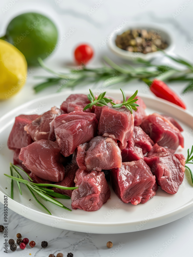 Fresh raw beef meat chopped in cubes on plate for cooking stew or meat dish Fresh raw beef meat chopped in cubes on plate for cooking stew or meat dish