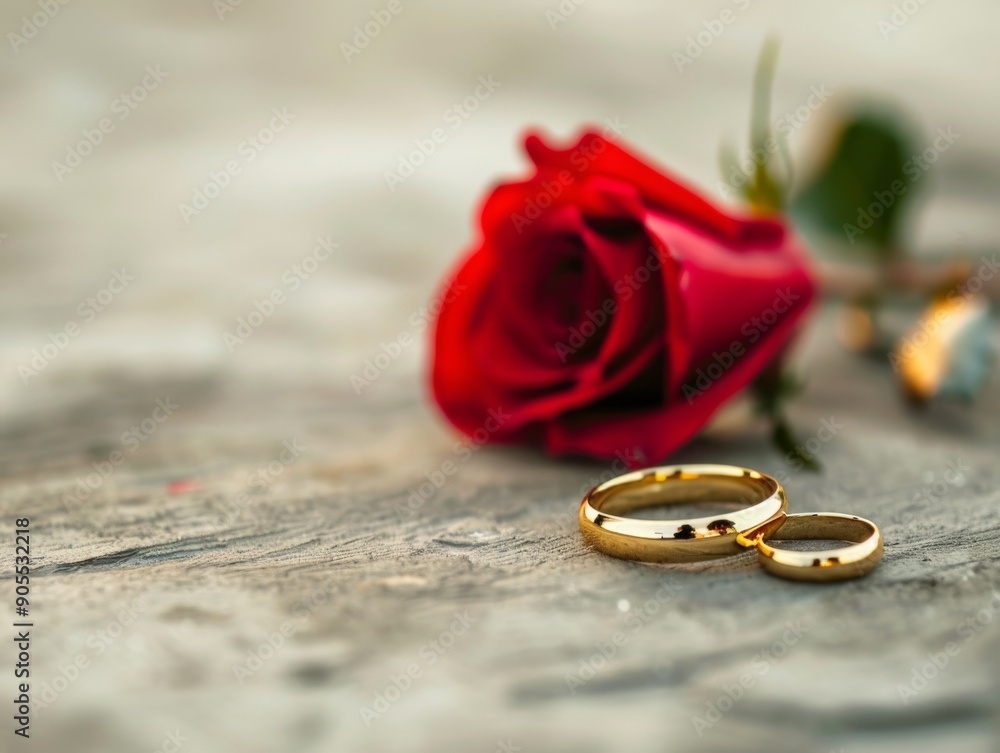 A single red rose and two gold wedding bands lay on a rustic wooden background. A single red rose and two gold wedding bands lay on a rustic wooden background.