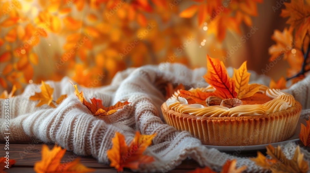 Fototapeta premium Autumn pumpkin pie with knitted blanket backdrop