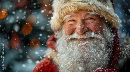 Cheerful Santa Claus Smiling Joyfully Amidst Falling Snowflakes in Winter Wonderland