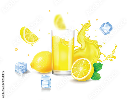 Fresh lemon juice with drink glass and lemon fruit. Lemonade advertising isolated on white background, Citrus beverage vector realistic