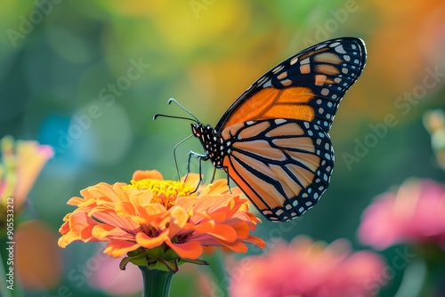 A vibrant monarch butterfly resting on a bright orange flower.